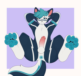 4_toes anthro anus average_penis balls black_nose blue_anus blue_body blue_eyes blue_fur blue_hair blue_pawpads butt erection feet feet_in_air fluffy fluffy_tail foot_focus fur fur_markings genitals hair hands_behind_head male markings multicolored_body multicolored_fur nude pawpads paws penis pink_penis presenting presenting_hindquarters simple_background smile solo tail thick_thighs toes two_tone_body white_body white_feet hemelarix freki_(kuro_boi) canid canine canis mammal wolf hi_res