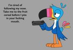 anthro beak biped black_eyes blue_body blue_feathers dialogue feathers grey_background gun half-closed_eyes handgun holding_gun holding_object holding_ranged_weapon holding_weapon male mascot multicolored_beak multicolored_body multicolored_feathers narrowed_eyes profanity ranged_weapon simple_background solo standing text weapon happyroadkill froot_loops kellogg's toucan_sam avian bird toucan 2020 digital_drawing_(artwork) digital_media_(artwork) english_text flat_colors hi_res