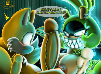 age_difference anthro biceps big_breasts big_penis blush breasts duo ear_piercing ear_ring electricity erection female genitals huge_penis humanoid_genitalia humanoid_penis imminent_fellatio imminent_oral imminent_sex male male/female muscular muscular_female nervous older_female penis piercing ring_piercing sharp_teeth small_but_hung teeth text thick_penis threatening young_but_hung younger_male foxium idw_publishing sega sonic_the_hedgehog_(comics) sonic_the_hedgehog_(idw) sonic_the_hedgehog_(series) miles_prower surge_the_tenrec afrosoricid canid canine fox mammal tenrec english_text hi_res