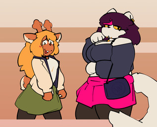 anthro antlers blonde_hair bottomwear brown_body brown_fur clothed clothing duo ear_piercing ear_ring facial_piercing female fur hair highlights_(coloring) horn lip_piercing piercing purse ring_piercing scut_tail short_tail simple_background skirt snakebite_piercing tail white_body white_fur catjamn deltarune undertale_(series) catti_cattenheimer noelle_holiday deer felid feline mammal aliasing digital_media_(artwork) hi_res