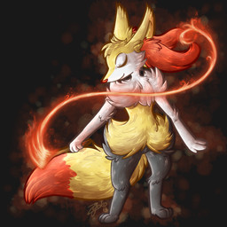 ambiguous_gender anthro biped black_background black_body black_fur countershade_face countershading dipstick_tail eyes_closed fire fur head_down inner_ear_fluff leg_markings magic markings multicolored_body multicolored_fur multicolored_tail red_body red_fur red_tail red_tail_tip simple_background socks_(marking) solo standing stick tail tail_markings tuft two_tone_tail white_body white_fur year yellow_body yellow_fur yellow_tail zyoko nintendo pokemon braixen canid canine generation_6_pokemon mammal pokemon_(species) 1:1 2013 dated digital_media_(artwork) low_res shaded signature