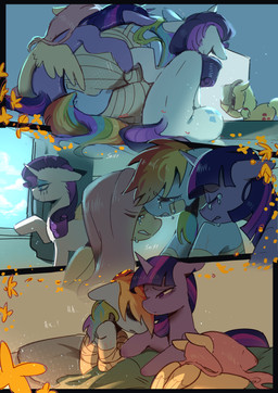 alternate_universe bandage bandaged_arms bandaged_chest bandaged_face bandaged_legs bed bedding blanket blonde_hair blue_body blue_eyes blue_fur bodily_fluids clothing covering covering_face cowboy_hat crying curtains curtains_open cutie_mark detailed_background emotional eyes_closed female feral flower fur furniture group hair hat headgear headwear holding_clothing holding_hat holding_headgear holding_headwear holding_object hooves horn hospital hospital_bed hospital_room multicolored_hair multicolored_tail narrowed_eyes orange_body orange_fur pillow pink_hair pink_tail plant purple_body purple_fur purple_hair purple_tail rainbow_hair rainbow_tail sad scar self_hug shadow shadow_face tail tears tears_of_pain tears_of_sadness text white_body white_fur window wings wounded yellow_body yellow_flower yellow_fur yellow_tail yellow_wings sinful_pie cupcakes_(mlp_fanfic) friendship_is_magic hasbro my_little_pony mythology applejack_(mlp) fluttershy_(mlp) rainbow_dash_(mlp) rarity_(mlp) twilight_sparkle_(mlp) earth_pony equid equine horse mammal mythological_creature mythological_equine pegasus pony unicorn 2025 absurd_res colored comic digital_drawing_(artwork) digital_media_(artwork) english_description english_text hi_res