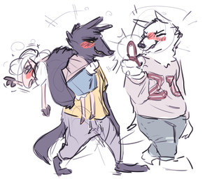 anthro black_body black_fur blush cellphone clothing drunk electronics female fur group male phone shirt simple_background substance_intoxication text text_on_clothing text_on_shirt text_on_topwear topwear white_background white_body white_fur wool_(fur) nobby_(artist) disney pack_street zootopia al_(weaver) betty_(weaver) fan_character remmy_cormo bovid canid canine canis caprine domestic_sheep mammal sheep wolf