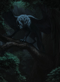 black_body black_fur black_nose blue_eyes branch claws dark fangs feathered_wings feathers feral forest fur leaf looking_at_viewer neck_tuft open_mouth plant quadruped solo standing teeth tree tuft wings aurru avian bird canid canine canis corvid corvus_(genus) crow hybrid mammal oscine passerine wolf hi_res