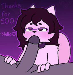 abstract_background ambiguous_gender anthro arm_tuft bell bell_collar big_penis blush brown_eyes brown_hair cheek_tuft collar duo eyelashes eyewear facial_tuft fellatio fluffy fluffy_tail fur genitals glasses gradient_background grey_penis hair hand_on_leg hand_on_thigh humanoid_genitalia humanoid_penis long_hair oral penile penis pink_body pink_fur sex shoulder_tuft simple_background solo tail tail_motion tailwag text tuft couldbestella anon starry_(couldbestella) canid canine canis domestic_cat domestic_dog felid feline felis hybrid mammal 2d_animation animated frame_by_frame