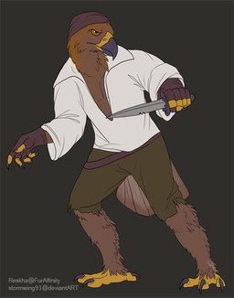 3_toes anthro beak biped bottomwear brown_background brown_body brown_feathers clothed clothing dagger feathers feet holding_object holding_weapon kerchief looking_at_viewer male melee_weapon orange_eyes pants pirate raised_arm shirt simple_background solo standing talons thief toes topwear weapon reshka accipitrid accipitriform avian bird eagle golden_eagle true_eagle brown_theme