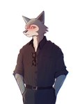 anthro blush bottomwear clothed clothing eyewear fur glasses grey_body grey_fur male pants shirt simple_background solo standing topwear beozar beastars legoshi_(beastars) canid canine canis mammal wolf digital_media_(artwork) hi_res