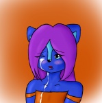 anthro blue_body blue_eyes blush bodily_fluids cum cum_on_face female genital_fluids hair one_eye_closed purple_hair solo trix_the_cat indie_(character) mammal mephitid skunk