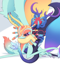 ambiguous_gender anthro antlers arm_grab biped black_body black_sclera blue_sclera blush blush_lines chest_tuft colored_nails countershading crystal digitigrade dipstick_tail duo embarrassed eye_contact facial_markings female female/ambiguous fingernails fluffy fluffy_tail forehead_markings fur glistening glistening_body glistening_fur hand_on_leg hand_on_thigh hands_behind_back head_markings head_wings horn huge_wings kneeling leg_grab looking_at_another looking_back looking_back_at_another markings mouthless multicolored_body multicolored_eyes multicolored_fur nails narrowed_eyes neck_tuft nude nude_ambiguous nude_anthro nude_female orange_body orange_fur pink_eyes pupils purple_fingernails purple_nails red_body red_eyes restrained_arms restrained_legs simple_background sitting spiked_tail spikes spikes_(anatomy) spread_legs spreading star_eyes tail tail_markings tan_body tan_fur teal_body teal_eyes teal_fur tuft unusual_wing_placement white_background white_pupils wings amateru_kai kirby_(series) nintendo fecto_elfilis genwel_meteonelfilis alien chinchilla chinchillid mammal rodent starling_(kirby) 2025 digital_drawing_(artwork) digital_media_(artwork) hi_res brother_(lore) incest_(lore) sibling_(lore)