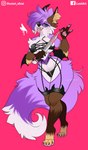 anthro bat_wings big_breasts big_tail blood bodily_fluids breasts buck120 claws clothing ear_piercing ear_ring fangs fangs_bared female fur green_eyes knife knife_play lingerie lips membrane_(anatomy) membranous_wings paws piercing pink_tongue purple_body purple_fur ring_piercing small_waist solo succubus_costume tail teeth thick_bottom_lip thick_thighs tongue walking wide_hips wings lumiart cassiuskitsune demon absurd_res hi_res