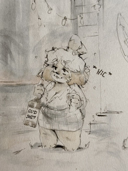 anthro drunk female shortstack solo substance_intoxication blacmagiccrim animal_crossing nintendo isabelle_(animal_crossing) canid canine canis domestic_dog mammal 3:4 hi_res traditional_media_(artwork)