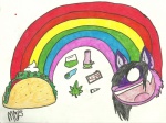 ambiguous_gender bong bowl container drugs empty_eyes food leaf marijuana marijuana_leaf rainbow rainbow_arch simple_background solo taco white_background white_eyes neecheecoyote canid canine canis coyote mammal colorful_theme crayon_(artwork) hi_res marker_(artwork) mixed_media traditional_media_(artwork)