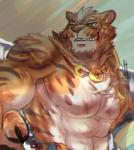 abs anthro blood blue_eyes bodily_fluids countershading fur grin male nipples smile solo teeth akiya-kamikawa nekojishi studio_klondike lin_hu felid mammal pantherine tiger 2017 hi_res signature