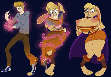 anthro barefoot big_breasts black_background blonde_hair bottomwear breast_growth breasts brown_body brown_fur brown_hair cape clenched_teeth clothing eyewear feet female footwear fur gender_transformation glasses growth hair hand_on_breast human_to_anthro looking_down magic male mtf_transformation nipples open_mouth pants round_glasses shirt shoes simple_background skirt solo species_transformation teeth tf_into_fictional_character three_frame_sequence topwear torn_clothing transformation transformation_sequence atcpony activision spyro_the_dragon bianca_(spyro) human lagomorph leporid mammal rabbit 2025 digital_media_(artwork) sequence
