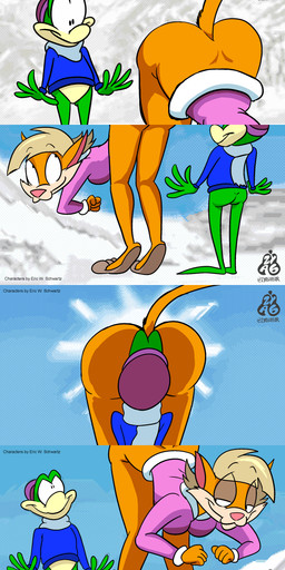 anthro ass_up bent_over bottomless butt butt_from_the_front clothed clothing convenient_censorship duo featureless_crotch female inviting larger_female looking_at_butt male male/female multiple_angles paws presenting presenting_hindquarters presenting_to_partner scarf size_difference smaller_male smile snow zyasixpear clarisse_(sabrina_online) flip_the_frog amphibian frog absurd_res hi_res