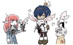 anthro blush chibi clothing female fur group hug humor male perching red_eyes tabard white_body white_fur wings aragakiyurusan metaphor:_refantazio eiselin_burchelli_meijal_hulkenberg heismay_noctule leon_strohl_da_haliaetus will_(metaphor:_refantazio) bat clemar elda elf eugief human humanoid mammal roussainte