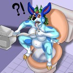 1:1 ?! absurd_res anthro bathroom belly blue_body blue_fur breasts caught claws deer eating featureless_breasts female fur gem green_hair hair heartlessangel3d hi_res mammal navel nude open_mouth petra_the_defend_deer red_eyes solo toe_claws toilet toilet_paper tongue tongue_out white_body white_fur