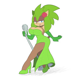 anthro armwear big_breasts blue_eyes breasts clothing cocktail_dress dress elbow_gloves electronics female footwear gloves green_body green_clothing green_dress handwear high_heels microphone narrowed_eyes open_mouth shoes simple_background smile solo sparkles sparkling_clothing sparkling_dress tan_body thick_thighs white_background bingbingo sega sonic_the_hedgehog_(series) fan_character greeny_the_hedgehog eulipotyphlan hedgehog mammal 2026 digital_drawing_(artwork) digital_media_(artwork) hi_res