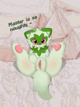 feet female feral genitals master paws presenting presenting_vulva solo spread_legs spread_vulva spreading thick_thighs vulva wide_hips rileypeyton nintendo pokemon felid generation_9_pokemon mammal pokemon_(species) sprigatito 3:4
