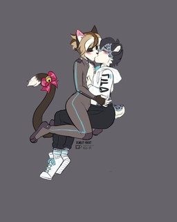 accessory alternate_costume anthro black_bottomwear black_clothing black_hair black_jeans black_pants blush bodysuit bottomwear bow_ribbon brown_hair clothed clothed_anthro clothed_male clothing clothing_swap denim denim_bottomwear denim_clothing duo eyes_closed footwear fur furgonomics grey_body grey_bodysuit grey_clothing grey_fur grey_skinsuit hair hoodie jeans kissing male male/male markings multicolored_body multicolored_fur pants ribbons shoes skinsuit spots spotted_body spotted_fur tail tail_accessory tail_bow tail_ribbon tight_clothing topwear white_body white_fur scarlet-frost cross_(crossa.) kayz_(snepkayz) domestic_cat felid feline felis mammal pantherine snow_leopard 2025 4:5 digital_media_(artwork) hi_res
