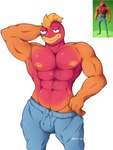 abs anthro areola athletic athletic_anthro athletic_male biceps big_bulge black_eyes bulge clothed clothing fin fingers hand_behind_head leggings legwear lips male multicolored_body multicolored_scales muscular muscular_anthro muscular_male nipples orange_body orange_scales pecs red_body red_scales scales simple_background smile solo text topless topless_anthro topless_male two_tone_body two_tone_scales v-cut white_background baxter7020 epic_games fortnite fish_thicc_(fortnite) fish marine 2023 absurd_res artist_name digital_drawing_(artwork) digital_media_(artwork) hi_res signature