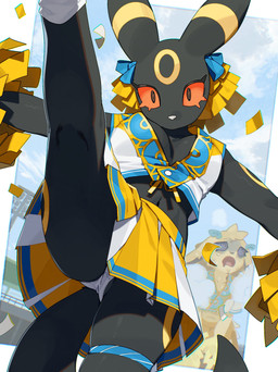 anthro biped bodily_fluids bottomwear breasts camel_toe cheerleader_outfit clothed clothed_anthro clothed_female clothing duo female front_view fully_clothed fully_clothed_anthro fully_clothed_female fur navel panties skirt solo_focus spiral spiral_eyes spiral_pupils spread_legs spreading standing sweat tail topwear underwear kame_3 nintendo pokemon eeveelution generation_1_pokemon generation_2_pokemon jolteon pokemon_(species) umbreon 2026 absurd_res digital_drawing_(artwork) digital_media_(artwork) hi_res