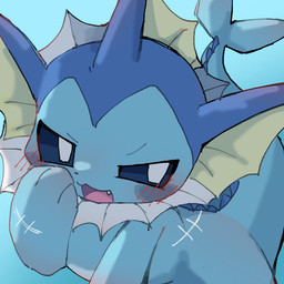 ambiguous_gender blue_body blue_face blue_head blue_tail blush blush_lines cute_fangs fangs feral looking_at_viewer open_mouth pink_tongue smug smug_face solo tail teeth tongue k_mono nintendo pokemon eeveelution generation_1_pokemon pokemon_(species) vaporeon 1:1