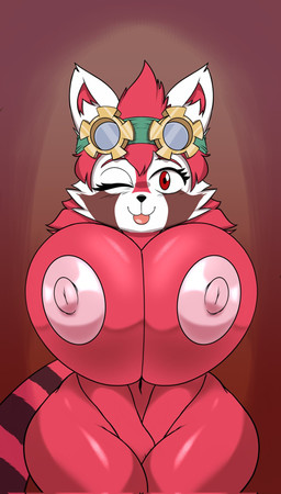 anthro areola big_breasts breasts eyewear eyewear_on_head female fur goggles goggles_on_head hair huge_breasts navel nipples red_body red_eyes red_fur red_hair small_waist solo tail thick_thighs wide_hips seiiartworks gunfire_reborn nona_(gunfire_reborn) ailurid mammal red_panda hi_res