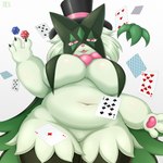 ace_of_diamonds anthro belly belly_focus big_breasts breasts card d6 dice eight_of_clubs featureless_crotch female five_of_hearts fur green_body green_fur hair looking_at_viewer nine_of_spades playing_card seven_of_spades simple_background slightly_chubby slightly_chubby_anthro slightly_chubby_female smile solo suit_symbol ten_of_hearts white_background shibaemonxsk nintendo pokemon felid feline generation_9_pokemon mammal meowscarada pokemon_(species) 1:1 hi_res