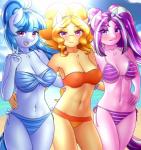 2017 absurd_res adagio_dazzle_(eg) anthro aria_blaze_(eg) beach bikini blue_hair clothing digital_media_(artwork) equestria_girls equid equine female gesture group hair hand_gesture hasbro hi_res horse long_hair looking_at_viewer mammal multicolored_hair my_little_pony navel open_mouth outside pony seaside sonata_dusk_(eg) swimwear twistedscarlett60 two-piece_swimsuit two_tone_hair v_sign