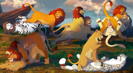 anal anus balls bdsm black_stripes bodily_fluids bondage bound cloud cum cum_in_ass cum_in_vagina cum_inside detailed_background dominant dominant_female female feral fur genital_fluids genitals grass grey_mane group king leopard_spots male male/female male/male mane morning orange_stripes penis plant pride_rock pridelands royalty savanna sky spots stripes vines vulva white_body white_fur conditional_dnp lynxbrush disney the_lion_guard the_lion_king kiara_(the_lion_king) kion_(the_lion_guard) mufasa nala_(the_lion_king) simba_(the_lion_king) felid feline lion mammal pantherine snow_leopard absurd_res hi_res