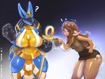 anthro big_breasts bikini breasts clothing duo female glistening inflatable latex low-angle_view macro pool_toy pooltoy_transformation question_mark seam_(sewing) swimwear thick_thighs transformation two-piece_swimsuit wide_hips elysianelly nintendo pokemon cedra_bannister animate_inanimate canid canine deer generation_4_pokemon living_inflatable lucario mammal pokemon_(species) hi_res