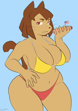 big_breasts breasts brown_body brown_fur eating female food fur hot_dog mini_flag solo thick_thighs wide_hips toonarscontent gameoverse glitch_productions kit_bodega absurd_res hi_res