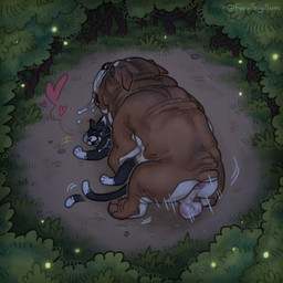 affair anal anal_penetration anus balls black_body black_fur blue_eyes bodily_fluids brown_body brown_fur doggystyle dominant dominant_feral dominant_male drooling duo eyes_closed feral floppy_ears from_behind_position fur genitals grass happy happy_sex heart_symbol hook_up interspecies love male male/male male_penetrated male_penetrating motion_lines multicolored_body multicolored_fur night obese outside outside_sex overweight penetration plant saliva saliva_string sex short_tail shortstack shortstack_male shrub size_difference submissive submissive_feral submissive_male tail tail_motion tailwag white_body white_fur wrinkles fernsigillum atlus megami_tensei persona_(series) persona_5 sega morgana_(persona) bulldog canid canine canis domestic_cat domestic_dog english_bulldog felid feline felis mammal mastiff molosser 1:1 hi_res