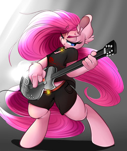 anthro anthrofied biped bottomwear clothed clothing electric_guitar female fur guitar hair half-closed_eyes holding_object long_hair musical_instrument narrowed_eyes pink_body pink_fur pink_hair playing_guitar playing_music plucked_string_instrument shirt shorts solo standing string_instrument topwear madacon friendship_is_magic hasbro my_little_pony pinkamena_(mlp) pinkie_pie_(mlp) earth_pony equid equine horse mammal pony 2015 absurd_res hi_res