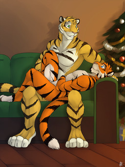 animal_genitalia anthro blue_eyes christmas_tree duo eye_contact eyewear front_view fully_sheathed fur furniture genitals glasses green_eyes grin head_tuft holidays inside looking_at_another lying male male_anthro markings nude on_back on_lap on_sofa orange_body orange_fur plant sheath side_view sitting smile sofa striped_arms striped_legs striped_markings striped_tail stripes tail tail_markings tree tuft white_sheath yellow_body yellow_fur solaxe_(artist) christmas hufnaar_(character) ulbrek felid mammal pantherine tiger