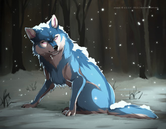 ambiguous_gender angry black_claws black_nose blue_body blue_fur blue_markings claws eyelashes fangs feral forest fur grass markings on_ground plant sitting sitting_on_snow snout snow snow_on_fur snowing solo tail teeth tree white_eyes white_markings azzai canid canine canis mammal wolf 2015 colored digital_drawing_(artwork) digital_media_(artwork) shaded