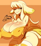 anthro big_breasts big_ears big_tail blonde_hair breasts brown_body brown_fur cleavage clothed clothing collar crop_top eyebrow_through_hair eyebrows facial_markings female fur hair head_markings huge_breasts legwear long_hair looking_at_viewer markings nipple_outline one_eye_closed shirt simple_background solo standing tail thick_thighs thigh_highs thong topwear translucent translucent_hair under_boob underwear yellow_eyes ooo-belise-ooo canid canine fox mammal hi_res watermark