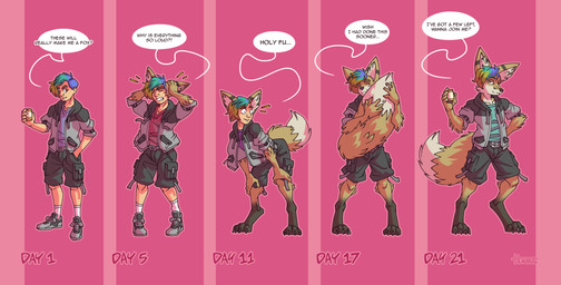 anthro biped clothed clothing dipstick_tail fur hair human_to_anthro male markings solo species_transformation speech_bubble tail tail_markings text transformation hukeng cc-by-nc-sa creative_commons canid canine fennec_fox fox human mammal true_fox english_text hi_res