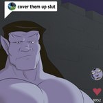 big_pecs hair long_hair male muscular muscular_male pecs purple_body purple_skin solo text spiffygreen cover_them_up_slut disney gargoyles tiktok goliath_(gargoyles) talon_(gargoyles) gargoyle humanoid hi_res