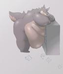 anthro arm_support belly belly_overhang big_belly butt chubby_cheeks eating fur grey_body grey_fur leaning leaning_forward love_handles male morbidly_obese morbidly_obese_anthro morbidly_obese_male nude obese obese_anthro obese_male overweight overweight_anthro overweight_male solo thick_thighs gabu2929 canid canine canis mammal wolf absurd_res hi_res