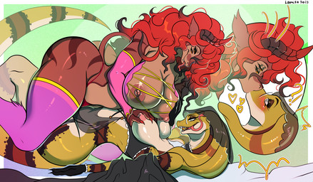 4_eyes anthro big_breasts blush bottomwear breast_grab breasts brown_body brown_fur clothed clothing duo eyes_closed female female/female fingers fur hair hand_on_breast horn kiss_on_lips kissing multi_eye nipples open_mouth red_hair simple_background smile surprised tail tongue tongue_out yellow_body leonifa fora shihari bovid bovine caprine demon goat mammal reptile scalie snake digital_media_(artwork) hi_res