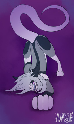 ass_up bedroom_eyes female feral forked_tongue glowing glowing_eyes grey_body licking licking_lips looking_at_viewer mane narrowed_eyes pose purple_eyes raised_tail seductive simple_background solo tail tail_motion tail_sway tongue tongue_out alvasir_(artist) puppy_(alvasir) canid canine hybrid mammal absurd_res hi_res pinup