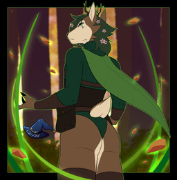 androgynous anthro antlers biped brown_body brown_fur butt cape clothing druid eyeshadow femboy flower forest fur green_eyes horn legwear leotard looking_at_viewer looking_back looking_back_at_viewer magic magic_user makeup male multicolored_body multicolored_fur plant solo standing tail tan_body tan_fur thigh_highs tree tribal_spellcaster two_tone_body two_tone_fur vines trevhart rowan_(druidrowan) deer mammal 2026 absurd_res hi_res
