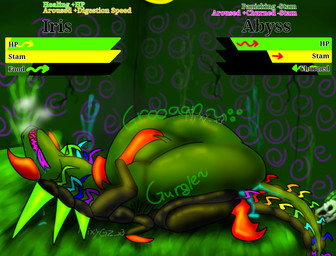 anthro bodily_fluids cum digestion duo female feral gameplay_mechanics genital_fluids gui health_bar male male/female oral_vore vore flixygz_x3 abyss_cataclysm iris_(flixy) hybrid parasite_(flixy)