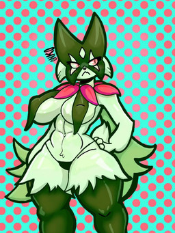 anthro big_breasts breasts covered_nipples dotted_background female frown fur green_body green_fur hand_on_hip looking_aside mask navel nipple_outline pattern_background pink_eyes pupils simple_background slit_pupils solo standing thick_thighs wearing_mask wide_hips onnenko nintendo pokemon generation_9_pokemon meowscarada pokemon_(species) 3:4 portrait three-quarter_portrait