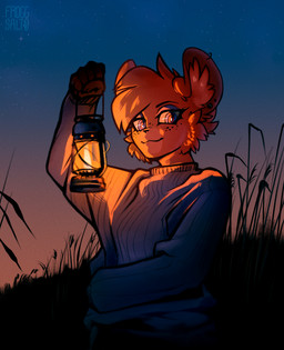 anthro camping clothed clothed_anthro clothed_female clothing dusk ear_piercing female female_anthro field front_view holding_lantern holding_object lamp lantern light mouth_closed outside piercing sky solo sunset sweater topwear twilight froggsalt fan_character chinchilla chinchillid mammal rodent 2023 digital_media_(artwork) half-length_portrait hi_res lighting portrait