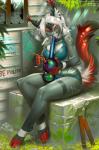 5_fingers anthro biped bong breasts calixa_(akeashar) clothed clothing detailed_background drugs female fingers hair hooves hybrid mammal marijuana miles_df red_eyes sitting smile solo tail text