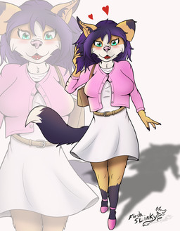 anthro belt clothing dress ear_piercing eyelashes facial_piercing female fluffy fluffy_tail footwear fur hair handbag heart_symbol inner_ear_fluff nails nose_piercing piercing pink_clothing pink_nose pink_topwear purple_body purple_fur purple_hair shoes simple_background solo tail tan_body tan_fur teal_eyes tongue tongue_piercing topwear tuft white_body white_fur fleshslinky claire_(fleshslinky) australian_shepherd canid canine canis domestic_dog herding_dog mammal pastoral_dog sheepdog hi_res