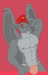 abs anthro athletic biceps bulge clothed clothing flexing hair looking_at_viewer male membrane_(anatomy) membranous_wings muscular muscular_anthro navel nipple_piercing nipples pecs piercing pose red_eyes red_hair simple_background solo topless wings theneonfox johann bat mammal